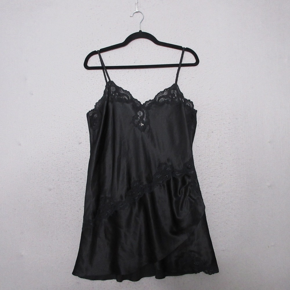Vintage Victorias Secret Gold Label Slip Dress Black Lace Trim Y2K Mini Nightie